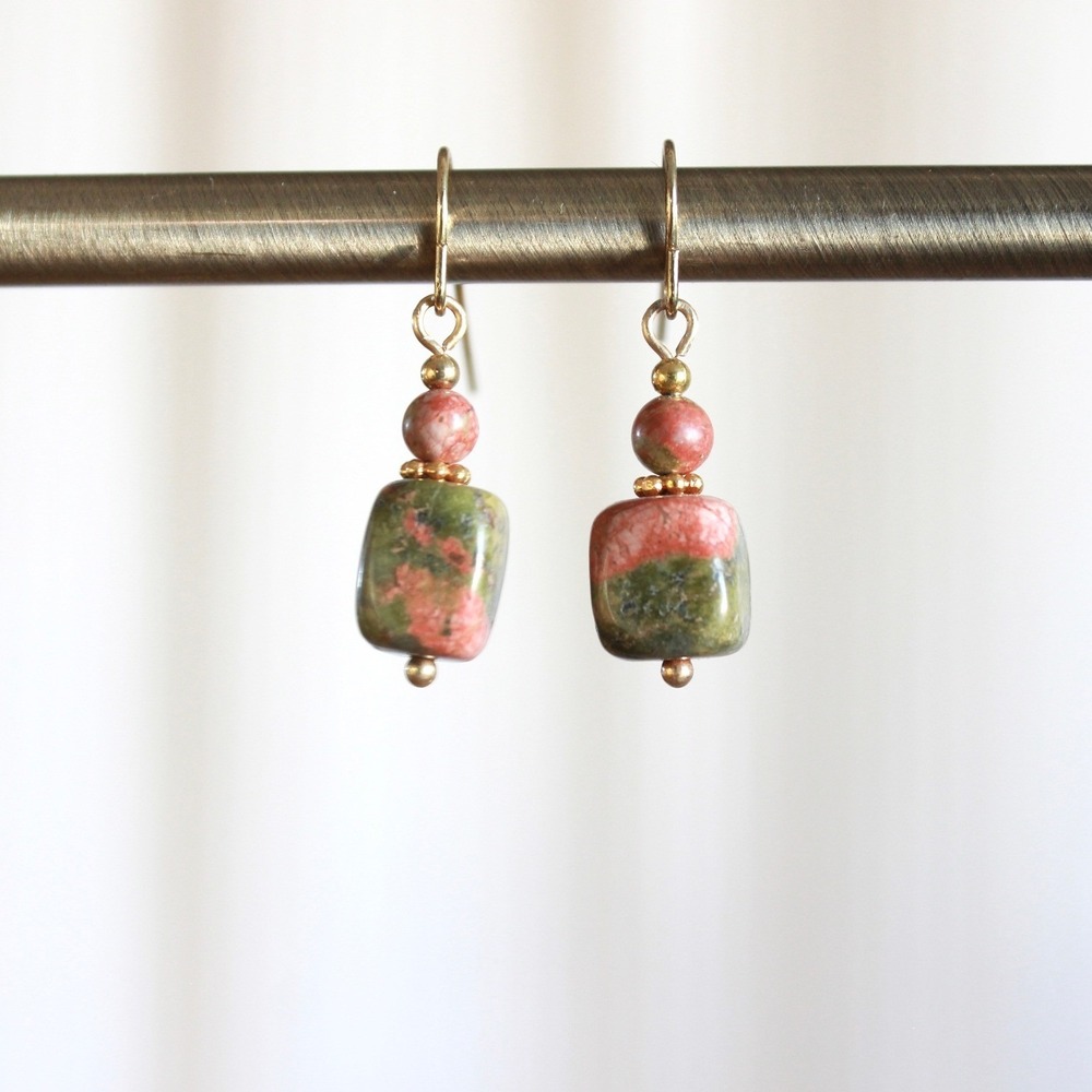 Unakite Stone Drop Earrings Green Pink Gold Tone Bead‎ Dangle French Hook F7